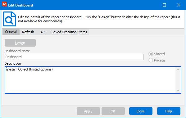 Edit Report dialog with the General tab selected.  Within this tab you may enter the Report Name and Description.  You can also click the Design button to launch the Report Editor.